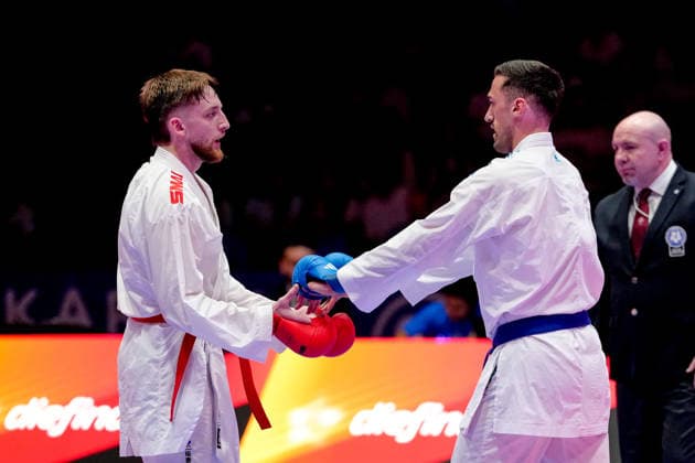 Germany EKF Karate European Championship Seniors 2026 Eissporthalle, Frankfurt Haubold Janne GER, Red loses in the fight for the bronze medal against Kvesic Ivan CRO, Blue in the category Male Kumite 84 Kg Frankfurt am Main Eissporthalle Frankfurt Hessen Germany Copyright: xKjetilxWaberx