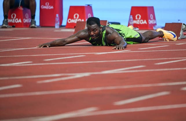 Wanda Diamond League Xiamen 2026 - Training Session XIAMEN, CHINA - MAY 22: American sprinting star Kenny Bednarek stretches out on the track during a training session on the eve of the Xiamen Diamond League, the second leg of the 2026 Wanda Diamond League circuit, at the warm-up track of the Xiamen Egret Stadium in Xiamen, Fujian province, China, on May 22, 2026. Xiamen China  Copyright: xArturxWidakx originalFilename:widak-wandadia260522_npMsH.jpg