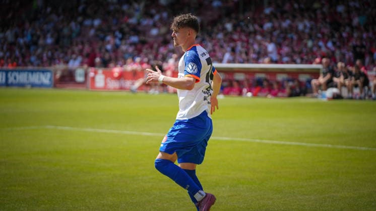 Soccer, Men, Season 2025 2026, Brandenburg State Cup, Final, Final day of the amateurs, FC Energie Cottbus vs VfB 1921 Krieschow, Saturday 23 05 2026, LEAG Energie Stadion Cottbus, In the picture jubilation at VfB Krieschow after the opening goal by Toby Michalski Brandenburg Germany