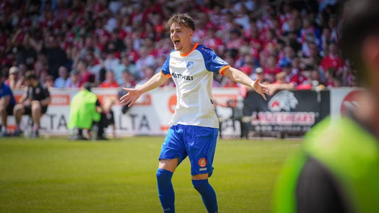 Soccer, Men, Season 2025 2026, Brandenburg State Cup, Final, Final day of the amateurs, FC Energie Cottbus vs VfB 1921 Krieschow, Saturday 23 05 2026, LEAG Energie Stadion Cottbus, In the picture jubilation at VfB Krieschow after the opening goal by Toby Michalski Brandenburg Germany