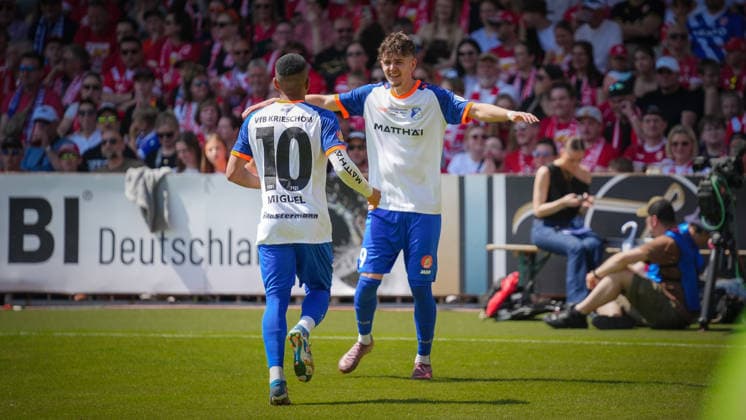 Soccer, Men, Season 2025 2026, Brandenburg State Cup, Final, Final day of the amateurs, FC Energie Cottbus vs VfB 1921 Krieschow, Saturday 23 05 2026, LEAG Energie Stadion Cottbus, In the picture jubilation at VfB Krieschow after the opening goal by Toby Michalski Brandenburg Germany