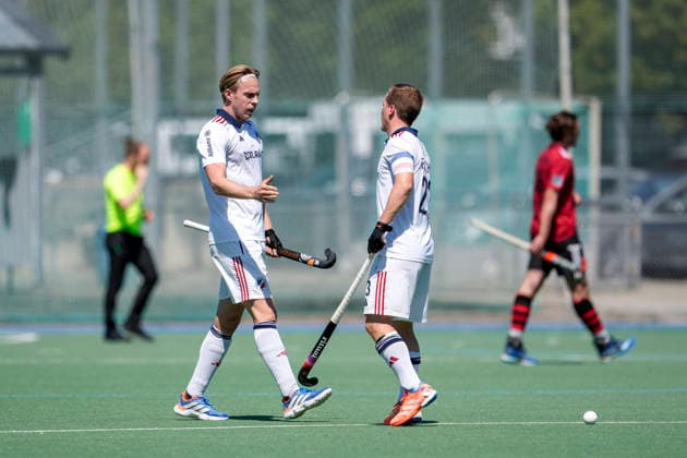 from left scorer Tim Seagon MHC, 10 , Jan Philipp Fischer MHC, 23 , players of Mannheimer HC MHC , celebrate the goal, celebrate the goal, goal, celebration, jubilation, joy, rejoicing, optimistic, positive, game scene, highlight, action, 23 05 2026, Mannheim Germany , Hockey, Bundesliga, Play down, Men, Mannheimer HC SC Frankfurt 1880 xozx