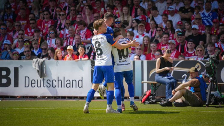 Soccer, Men, Season 2025 2026, Brandenburg State Cup, Final, Final day of the amateurs, FC Energie Cottbus vs VfB 1921 Krieschow, Saturday 23 05 2026, LEAG Energie Stadion Cottbus, In the picture jubilation at VfB Krieschow after the opening goal by Toby Michalski Brandenburg Germany