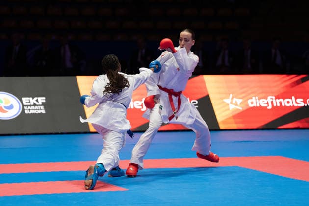 23 05 2026, xhfmx, Karate EKF Senior Championships 2026, S Becirovic Croatia fighting T Sombe France DFL DFB REGULATIONS PROHIBIT ANY USE OF PHOTOGRAPHS as IMAGE SEQUENCES and or QUASI VIDEO Frankfurt