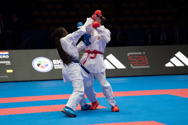 23 05 2026, xhfmx, Karate EKF Senior Championships 2026, S Becirovic Croatia fighting T Sombe France DFL DFB REGULATIONS PROHIBIT ANY USE OF PHOTOGRAPHS as IMAGE SEQUENCES and or QUASI VIDEO Frankfurt