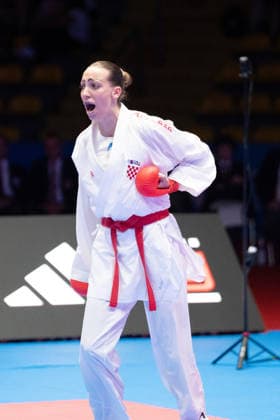 23 05 2026, xhfmx, Karate EKF Senior Championships 2026, S Becirovic Croatia fighting T Sombe France DFL DFB REGULATIONS PROHIBIT ANY USE OF PHOTOGRAPHS as IMAGE SEQUENCES and or QUASI VIDEO Frankfurt