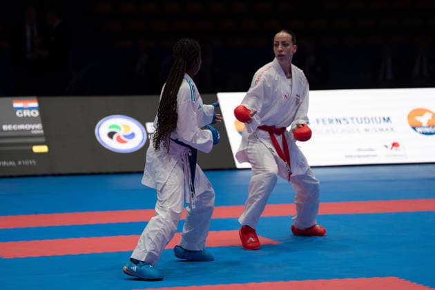 23 05 2026, xhfmx, Karate EKF Senior Championships 2026, S Becirovic Croatia fighting T Sombe France DFL DFB REGULATIONS PROHIBIT ANY USE OF PHOTOGRAPHS as IMAGE SEQUENCES and or QUASI VIDEO Frankfurt