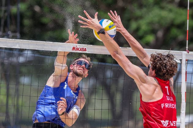 (260523) -- LAGUNA PROVINCE, May 23, 2026 -- Jonas Sagstetter (L) of Germany competes against Julian Friedli of Switzerland during the men s round of 16 match between Julian Friedli Jonathan Jordan of Switzerland and Jonas Sagstetter Benedikt Sagstetter of Germany at the Volleyball World Beach Pro Tour Challenge in Laguna Province, the Philippines, May 23, 2026. ) (SP)PHILIPPINES-LAGUNA PROVINCE-VOLLEYBALL-WORLD BEACH PRO TOUR CHALLENGE RouellexUmali 