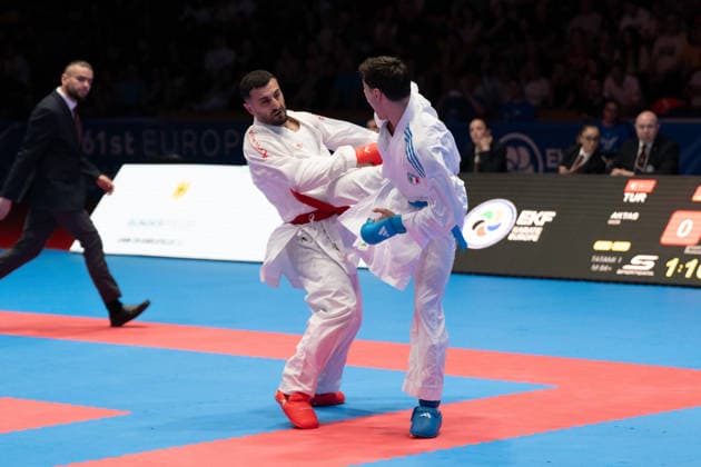 23 05 2026, xhfmx, Karate EKF Senior Championships 2026, Ugur Aktas Turkey in fight against Matteo Avanziani Italy DFL DFB REGULATIONS PROHIBIT ANY USE OF PHOTOGRAPHS as IMAGE SEQUENCES and or QUASI VIDEO Frankfurt
