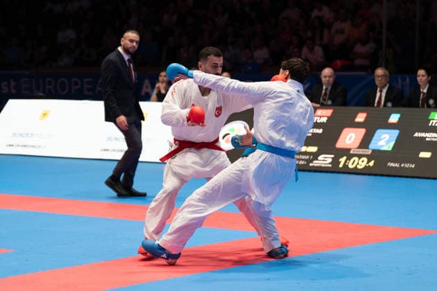 23 05 2026, xhfmx, Karate EKF Senior Championships 2026, Ugur Aktas Turkey in fight against Matteo Avanziani Italy DFL DFB REGULATIONS PROHIBIT ANY USE OF PHOTOGRAPHS as IMAGE SEQUENCES and or QUASI VIDEO Frankfurt