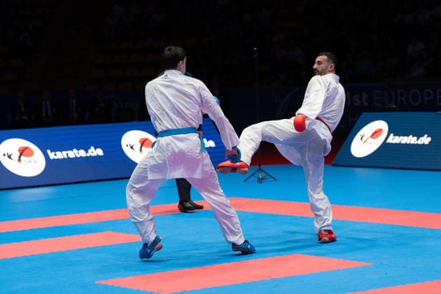 23 05 2026, xhfmx, Karate EKF Senior Championships 2026, Ugur Aktas Turkey in fight against Matteo Avanziani Italy DFL DFB REGULATIONS PROHIBIT ANY USE OF PHOTOGRAPHS as IMAGE SEQUENCES and or QUASI VIDEO Frankfurt