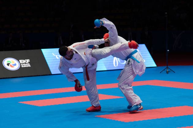 23 05 2026, xhfmx, Karate EKF Senior Championships 2026, Ugur Aktas Turkey in fight against Matteo Avanziani Italy DFL DFB REGULATIONS PROHIBIT ANY USE OF PHOTOGRAPHS as IMAGE SEQUENCES and or QUASI VIDEO Frankfurt