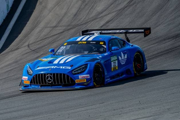 The Mercedes AMG GT3 36 of Lucas Auer HRT Ford Racing drives on the race track of Circuit Zandvoort The car wears the characteristic blue livery with white stripes and is driven by Pirelli tires Mercedes AMG GT3 36 of Arjun Maini HRT Ford Racing at Circuit Zandvoort Copyright: xMichaelxSchäferx