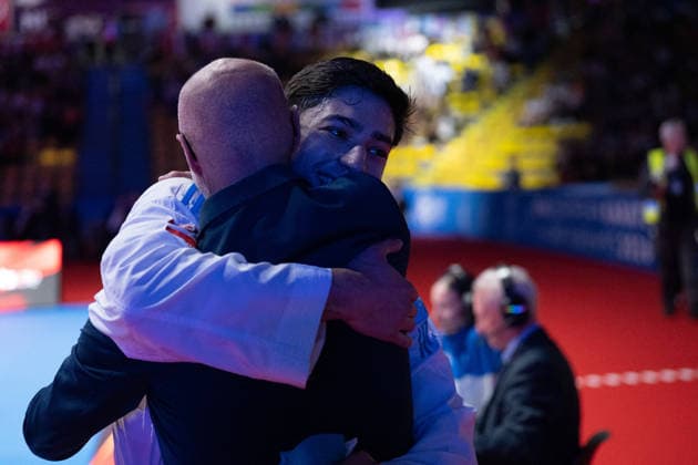 23 05 2026, xhfmx, Karate EKF Senior Championships 2026, Ugur Aktas Turkey in fight against Matteo Avanziani Italy DFL DFB REGULATIONS PROHIBIT ANY USE OF PHOTOGRAPHS as IMAGE SEQUENCES and or QUASI VIDEO Frankfurt
