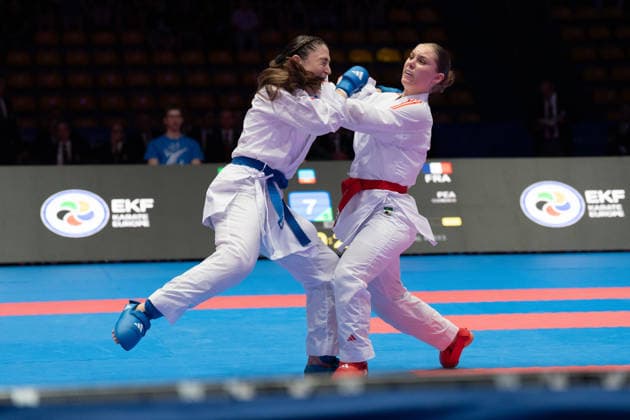 23 05 2026, xhfmx, Karate EKF Senior Championships 2026, Clemence Pea Frankreic in duel with Zala Maria Zibret Slovenia DFL DFB REGULATIONS PROHIBIT ANY USE OF PHOTOGRAPHS as IMAGE SEQUENCES and or QUASI VIDEO Frankfurt
