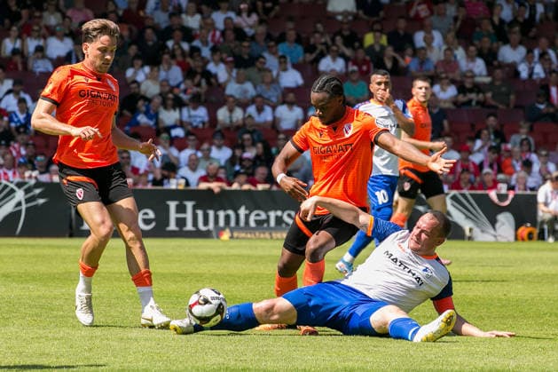 Cottbus, Germany 23 May 2026 Brandenburg State Cup 2025 2026 Final FC Energie Cottbus vs VfB Krieschow In the picture from left in duel Anderson Lucoqui Energie Cottbus and Andy Hebler VfB Krieschow DFB regulations prohibit any use of photographs as image sequences and or quasi video LEAG Energie Stadion Brandenburg Copyright: xFotostandx xWeilandx