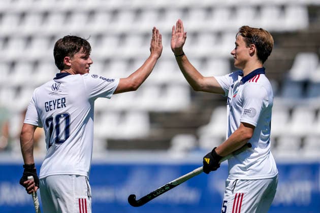from left Benedikt Geyer MHC, 20 , Timo Schreiner MHC, 15 , players of Mannheimer HC MHC , celebrate the goal, celebrate the goal, goal, celebration, jubilation, joy, rejoicing, optimistic, positive, game scene, highlight, action, 23 05 2026, Mannheim Germany , Hockey, Bundesliga, Play down, Men, Mannheimer HC SC Frankfurt 1880 xozx