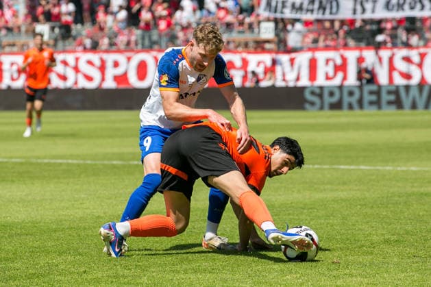 Cottbus, Germany 23 May 2026 Brandenburg State Cup 2025 2026 Final FC Energie Cottbus vs VfB Krieschow In the picture from left in duel Leo Felgenträger VfB Krieschow and Can Moustfa Energie Cottbus DFB regulations prohibit any use of photographs as image sequences and or quasi video LEAG Energie Stadion Brandenburg Copyright: xFotostandx xWeilandx