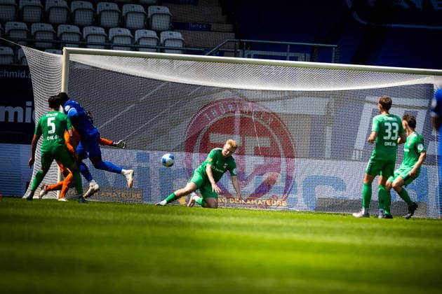 Jena , 230526, Final Soccer Thuringia Cup , FC Carl Zeiss Jena against ZFC Meuselwitz in the picture Manasse Eshele and Justin Schau Jena scores the goal to 1 0 next to Lukas Sedlak and Felix Rehder Meuselwitz