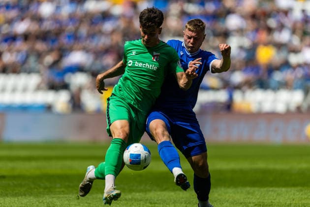 Jena , 230526, Final Soccer Thuringia Cup , FC Carl Zeiss Jena vs ZFC Meuselwitz in the picture Maximilian Hessel Jena vs Christoph Pauling Meuselwitz