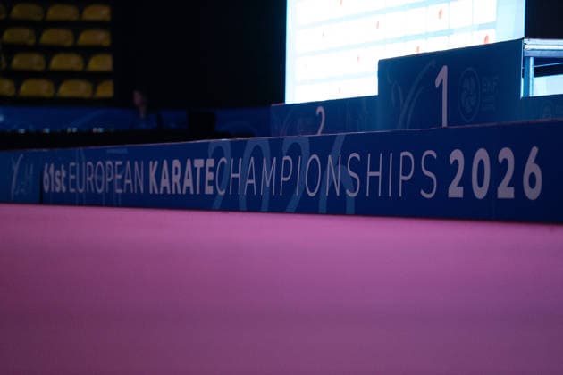23 05 2026, xhfmx, Karate EKF Senior Championships 2026, Banner with Logos DFL DFB REGULATIONS PROHIBIT ANY USE OF PHOTOGRAPHS as IMAGE SEQUENCES and or QUASI VIDEO Frankfurt