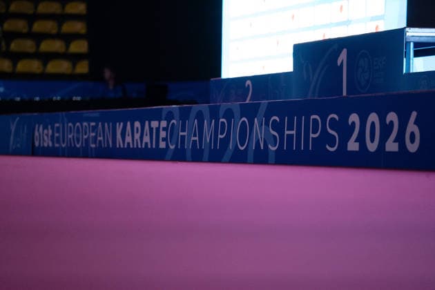 23 05 2026, xhfmx, Karate EKF Senior Championships 2026, Banner with Logos DFL DFB REGULATIONS PROHIBIT ANY USE OF PHOTOGRAPHS as IMAGE SEQUENCES and or QUASI VIDEO Frankfurt