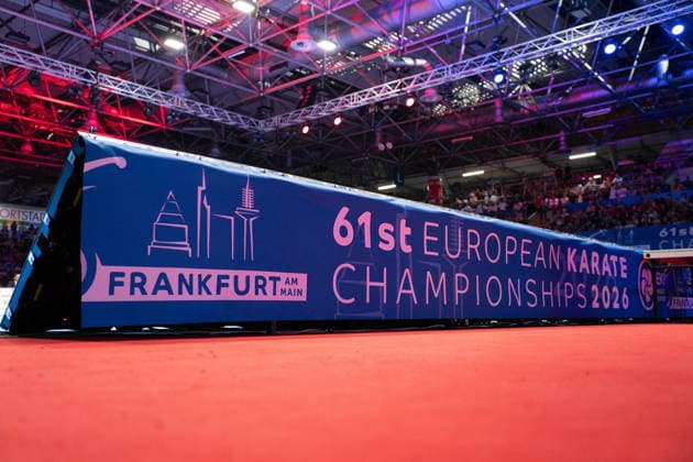 23 05 2026, xhfmx, Karate EKF Senior Championships 2026, Banner with Logos DFL DFB REGULATIONS PROHIBIT ANY USE OF PHOTOGRAPHS as IMAGE SEQUENCES and or QUASI VIDEO Frankfurt