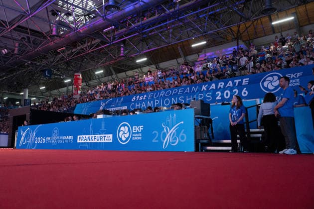 23 05 2026, xhfmx, Karate EKF Senior Championships 2026, Banner with Logos DFL DFB REGULATIONS PROHIBIT ANY USE OF PHOTOGRAPHS as IMAGE SEQUENCES and or QUASI VIDEO Frankfurt