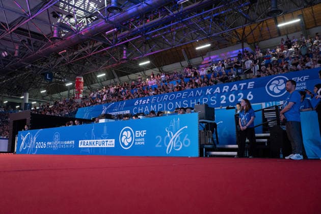 23 05 2026, xhfmx, Karate EKF Senior Championships 2026, Banner with Logos DFL DFB REGULATIONS PROHIBIT ANY USE OF PHOTOGRAPHS as IMAGE SEQUENCES and or QUASI VIDEO Frankfurt