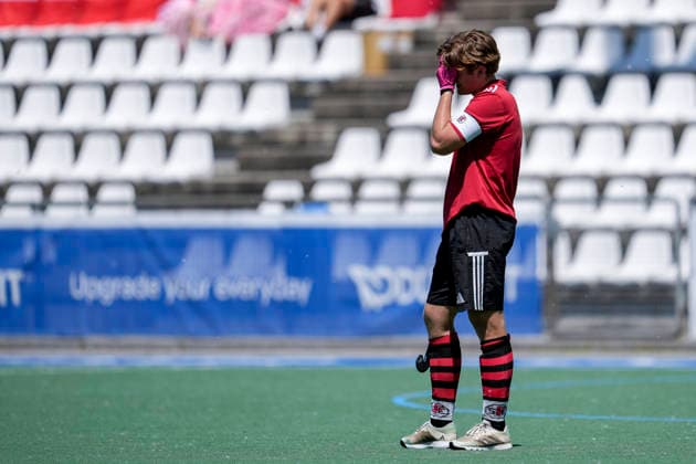 Emil Ross Frankfurt, 6, captain, player of SC Frankfurt 1880, looking disappointed, disappointment, frustration, disappointed, pessimistic, after conceding the goal to 6 2, action, action scene, 23 05 2026, Mannheim Germany , Hockey, Bundesliga, Play down, Men, Mannheimer HC SC Frankfurt 1880 xozx