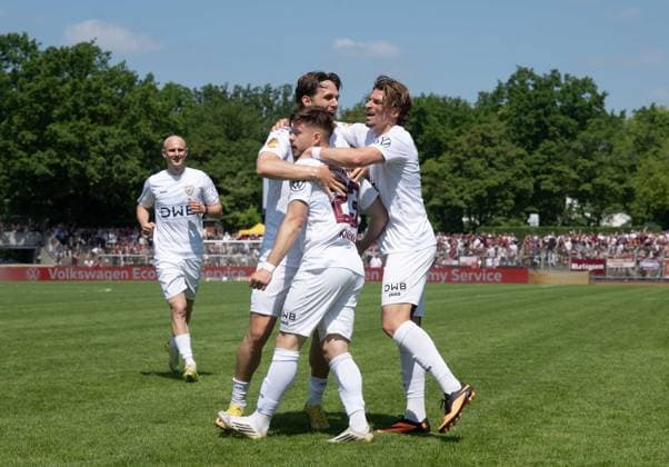 Soccer, Men, Season 2025 2026, Final COSY WASCH Landespokal Berlin, VSG Altglienicke BFC Dynamo, f l Leandro Putaro BFC Dynamo , Ivan Knezevic BFC Dynamo , Robert Bozenik Slovakia , Cheering after goal to 0 1, 23 05 2026, Copyright: xMatthiasxKochx