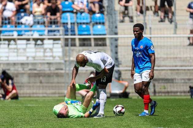 Duel between Terrence Boyd SV Waldhof Mannheim, 13 and David Nreca Bisinger VfR Mannheim, 1 at the BfV Cup Final VfR Mannheim SV Waldhof Mannheim 07 on 23 05 26 at Carl Benz Stadium, Mannheim xamx Photo Alfio Marino Copyright: