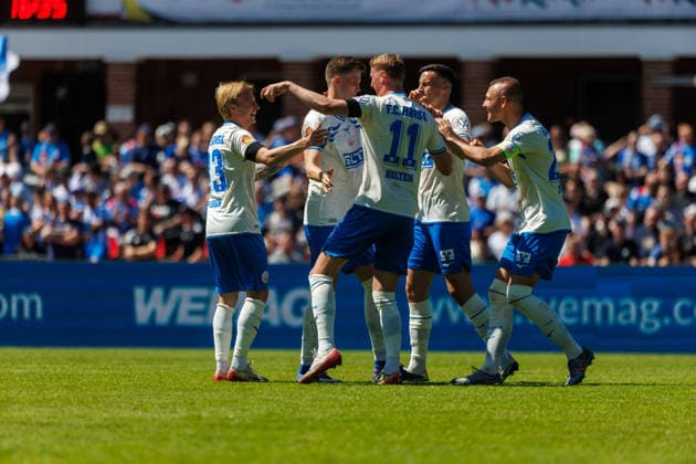 Goal celebration 1 0 v l Cedric Harenbrock Rostock , Goalscorer Lukas Kunze Rostock , Emil Frost Holten Rostock , Kenan Fatkic Rostock and Franz Pfanne Rostock GER, FC Hansa Rostock vs SV Pastow, Football, Men, Lübzer Pils Landespokal, Final, Season 2025 2026, 23 05 2026 Greifswald Volksstadion Mecklenburg Vorpommern Germany