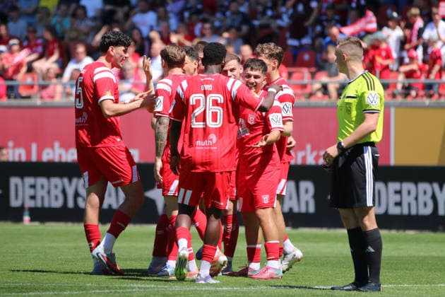 23 05 2026 Soccer men 2025 2026 dachbleche24 Landespokal Sachsen Anhalt Final VfB Germania Halberstadt Hallescher FC Leuna Chemie Stadion Halle Goal celebration from Hallescher FC after the 0 4 Halle Sachsen Anhalt Germany
