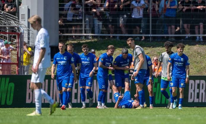 Soccer, Men, Season 2025 2026, Final COSY WASCH Landespokal Berlin, VSG Altglienicke BFC Dynamo, Jonas Nietfeld VSG Altglienicke , Cheering after scoring 2 1 with calf cramps, 23 05 2026, Copyright: xMatthiasxKochx