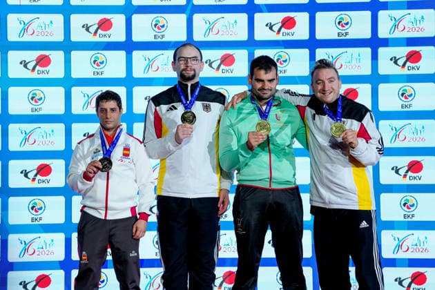 Germany EKF Karate European Championship Seniors 2026 Eissporthalle, Frankfurt Mike Richter GER wins the gold medal and Albert Singer GER secures the bronze medal Frankfurt am Main Eissporthalle Frankfurt Hessen Germany Copyright: xKjetilxWaberx