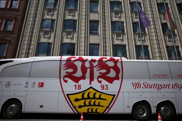 VfB Stuttgart bus with logo in front of Hotel LUC 83 DFB Pokalfinale FC Bayern Muenchen FCB vs VFB Stuttgart Olympiastadion Berlin 23 05 2026 DFL REGULATIONS PROHIBIT ANY USE OF PHOTOGRAPHS AS IMAGE SEQUENCES AND OR QUASI VIDEO 83 DFB Pokalfinale FC Bayern Muenchen FCB vs VFB Stuttgart