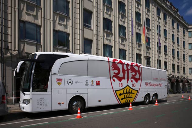 VfB Stuttgart bus with logo in front of Hotel LUC 83 DFB Pokalfinale FC Bayern Muenchen FCB vs VFB Stuttgart Olympiastadion Berlin 23 05 2026 DFL REGULATIONS PROHIBIT ANY USE OF PHOTOGRAPHS AS IMAGE SEQUENCES AND OR QUASI VIDEO 83 DFB Pokalfinale FC Bayern Muenchen FCB vs VFB Stuttgart
