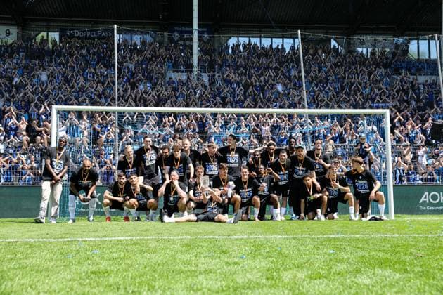 The Buwe are celebrated by their fans in front of the fan stand at the BfV Cup Final VfR Mannheim SV Waldhof Mannheim 07 on 23 05 26 at Carl Benz Stadium, Mannheim xamx Photo Alfio Marino Copyright: