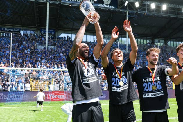 Terrence Boyd SV Waldhof Mannheim, 13 Samuel Abifade SV Waldhof Mannheim, 17 and Lukas Kluenter SV Waldhof Mannheim, 24 at the BfV Cup Final VfR Mannheim SV Waldhof Mannheim 07 on 23 05 26 at Carl Benz Stadium, Mannheim xamx Photo Alfio Marino Copyright:
