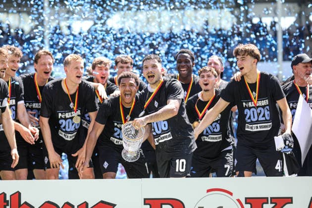 The Buwe win the cup in the Carl Benz Stadium at the BfV Cup Final VfR Mannheim SV Waldhof Mannheim 07 on 23 05 26 in Carl Benz Stadium, Mannheim xamx Photo Alfio Marino Copyright: