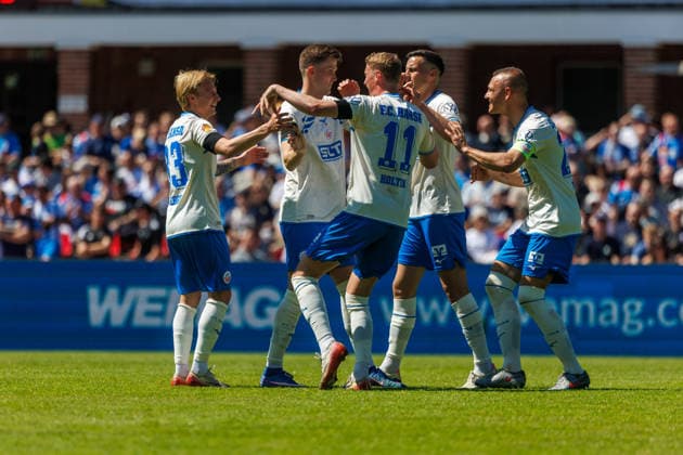 Goal celebration 1 0 v l Viktor Bergh Rostock , Goalscorer Lukas Kunze Rostock , Emil Frost Holten Rostock , Kenan Fatkic Rostock and Franz Pfanne Rostock GER, FC Hansa Rostock vs SV Pastow, Football, Men, Lübzer Pils Landespokal, Final, Season 2025 2026, 23 05 2026 Greifswald Volksstadion Mecklenburg Vorpommern Germany