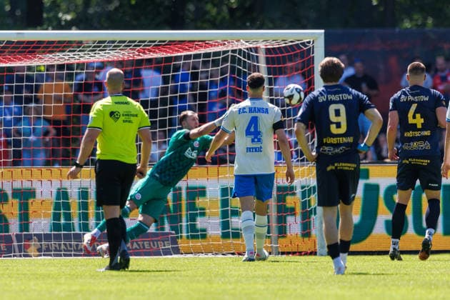 Goalkeeper Philipp Klewin Rostock saves a free kick from Pastow GER, FC Hansa Rostock vs SV Pastow, Football, Men, Lübzer Pils Landespokal, Final, Season 2025 2026, 23 05 2026 Greifswald Volksstadion Mecklenburg Vorpommern Germany