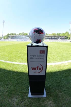 Official match ball for the wvf cup on ball stand, theme photo, theme picture, symbol photo, symbol image, stock photo SV Stuttgarter Kickers vs SG Sonnenhof Grossaspach, football, men, DB Regio wfv cup final, season 2025 2026, 23 05 2026 SV Stuttgarter Kickers vs SG Sonnenhof Grossaspach, football, men, DB Regio wfv cup final, season 2025 2026, 23 05 2026 Stuttgart Copyright: xEibner-Pressefoto TobiasxBaurx EP_TBR