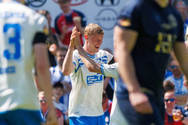 Goalscorer Emil Frost Holten Rostock to 2 0 cheers and is happy about his goal GER, FC Hansa Rostock vs SV Pastow, Football, Men, Lübzer Pils Landespokal, Final, Season 2025 2026, 23 05 2026 Greifswald Volksstadion Mecklenburg Vorpommern Germany
