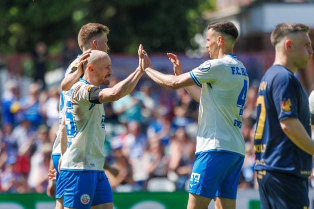 left goal scorer Maximilian Krauß Rostock to 3 0 cheers and is happy about his goal with Kenan Fatkic Rostock GER, FC Hansa Rostock vs SV Pastow, Football, Men, Lübzer Pils Landespokal, Final, Season 2025 2026, 23 05 2026 Greifswald Volksstadion Mecklenburg Vorpommern Germany