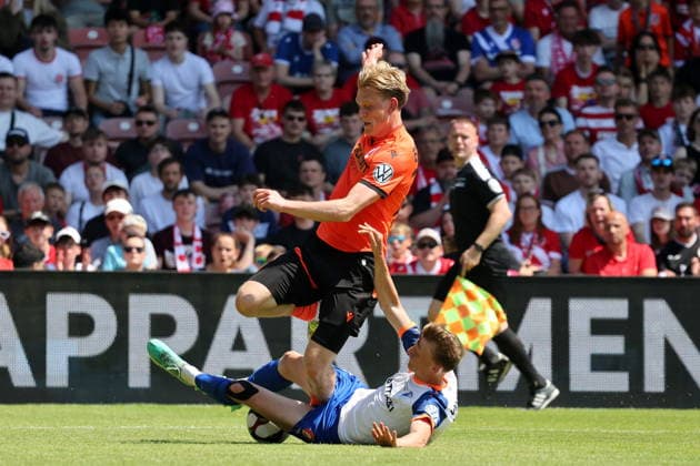 25 Ted Tattermusch Energie Cottbus, above in a duel with 16 Luca Grimm Krieschow Football State Cup Brandenburg 2025 2026 Final FC Energie Cottbus VfB Krieschow 1921