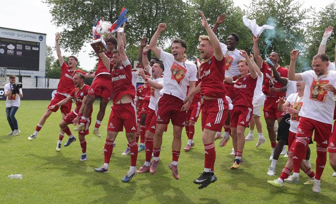 Fabio Maiolo 1 FC Phoenix Luebeck and his team present the fans the State Cup Football, Men, Season2025 2026, State Cup Final Schleswig Holstein, Joda Park Todesfelde, SV Todesfelde vs Phoenix Luebeck, 1 4 DFL REGULATIONS PROHIBIT ANY USE OF PHOTOGRAPHS AS IMAGE SEQUENCES AND OR QUASI VIDEO