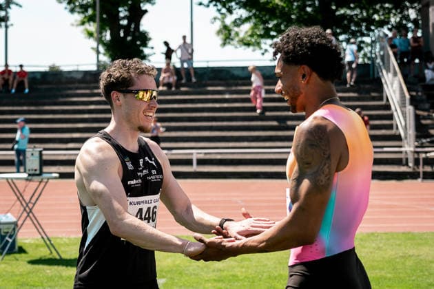 Kevin Kranz Sprintteam Wetzlar, 446, 100m Men , Joshua Hartmann ASV Koeln e V , 2, 100m Men , GER, Leichtathletik, Athletics, Kurpfalz Gala, Weinheim, 23 05 2026, GER, Leichtathletik, Athletics, Kurpfalz Gala, Weinheim, 23 05 2026 Weinheim Copyright: xStefanxMayerx EP_SMR