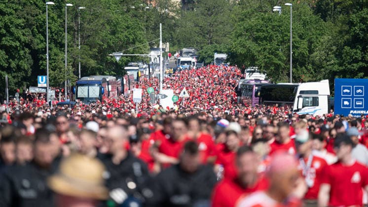 FC Bayern Muenchen fans on the way to the stadium, fan march, fans crowds GER, FC Bayern Muenchen vs VfB Stuttgart, football, men, DFB Pokal, final, season 2025 2026, 23 05 2026, DFL DFB REGULATES PROHIBIT ANY USE OF PHOTOGRAPHS AS IMAGE SEQUENCES AND OR QUASI VIDEO, GER, FC Bayern Muenchen vs VfB Stuttgart, Football, Men, DFB Cup, Final, Season 2025 2026, 23 05 2026 Berlin Copyright: xEibner-Pressefoto WolfgangxFrankx EP_WFK